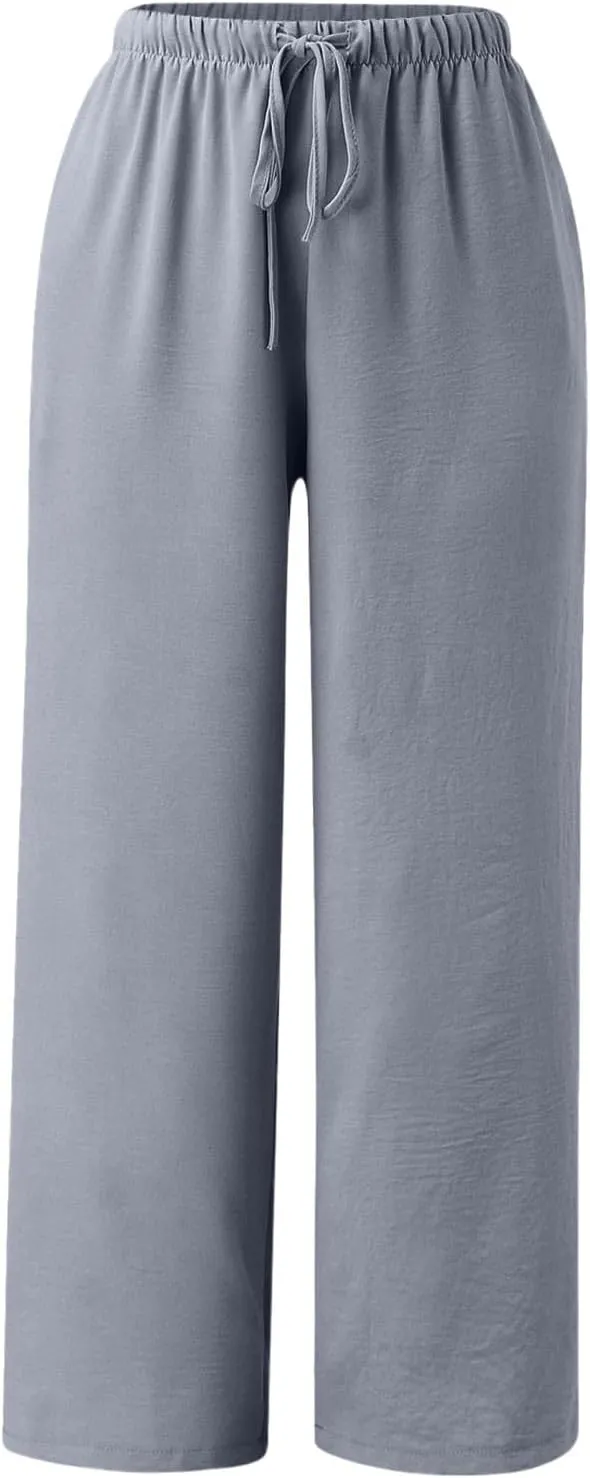 2023 Womens Lace Trim Pants Wide Straight Leg Casual Loose Pants Yoga Sweatpants Comfy High Waisted Lounge Pajama Trousers