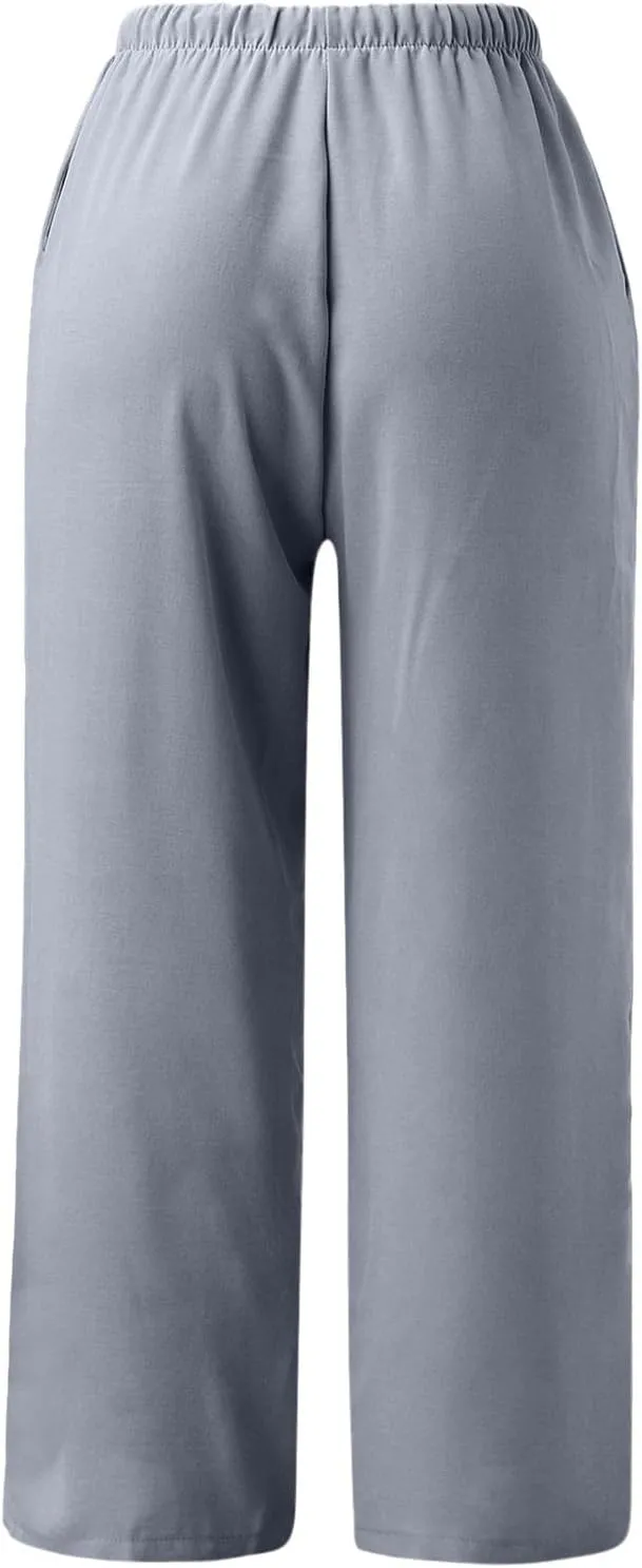 2023 Womens Lace Trim Pants Wide Straight Leg Casual Loose Pants Yoga Sweatpants Comfy High Waisted Lounge Pajama Trousers