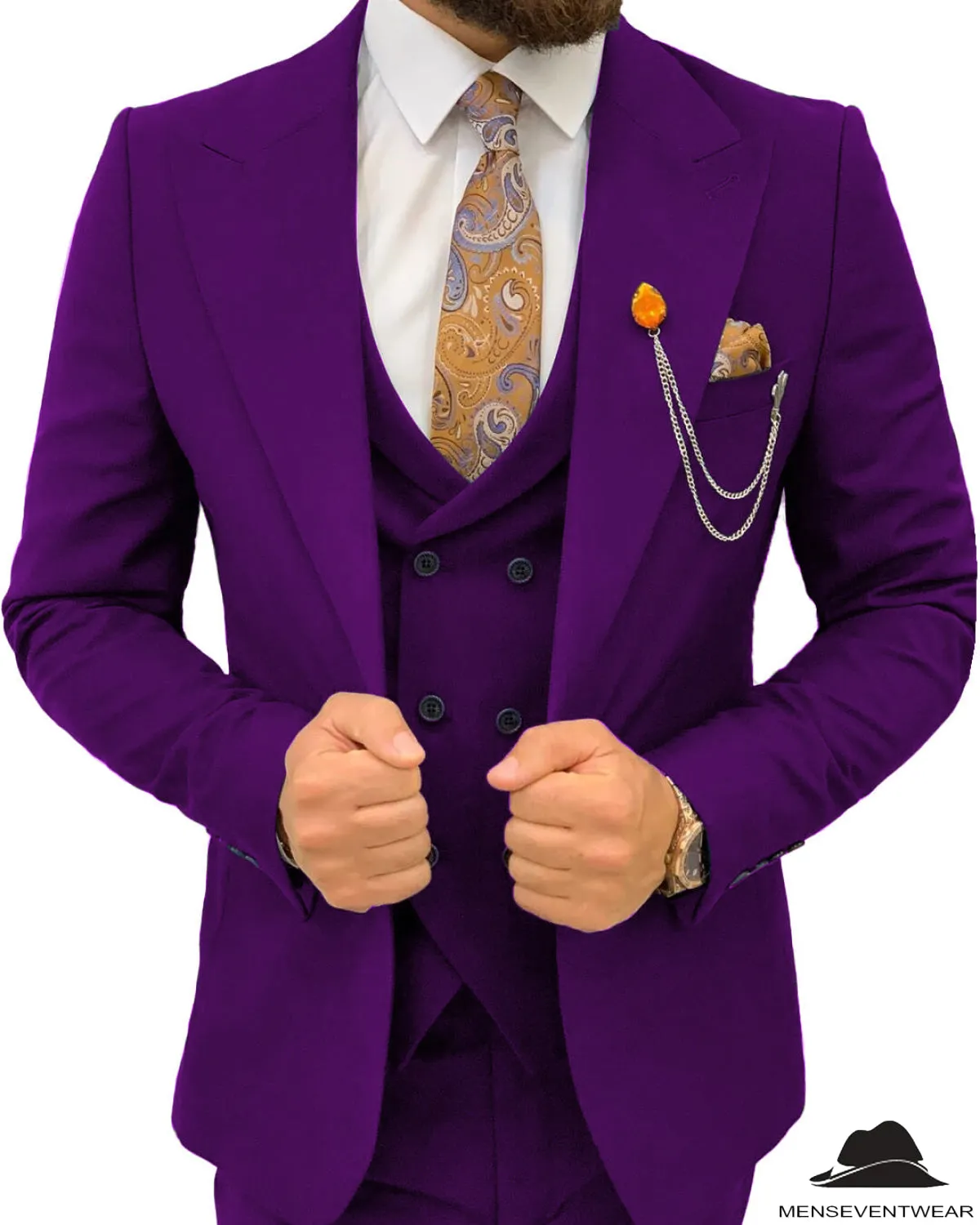 3 Pieces Mens Suit Slim Fit Flat Peak Lapel Double Breasted Tuxedos Groomsmen (Blazer vest Pants)