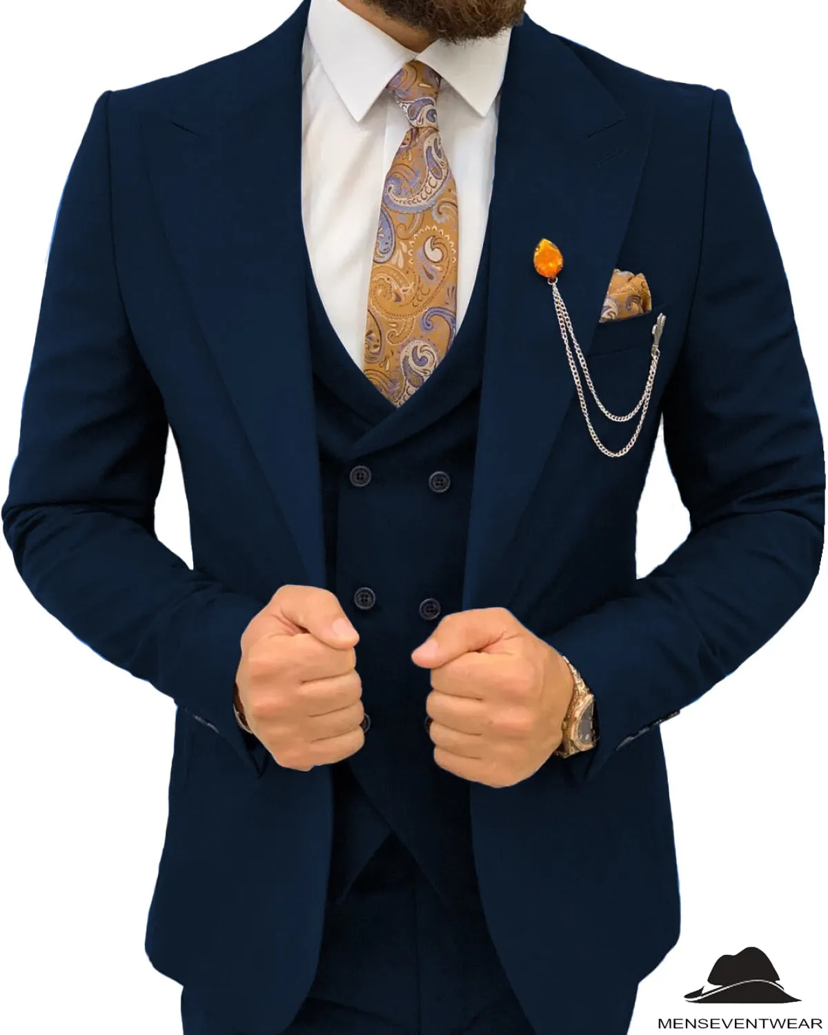 3 Pieces Mens Suit Slim Fit Flat Peak Lapel Double Breasted Tuxedos Groomsmen (Blazer vest Pants)