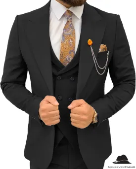 3 Pieces Mens Suit Slim Fit Flat Peak Lapel Double Breasted Tuxedos Groomsmen (Blazer vest Pants)