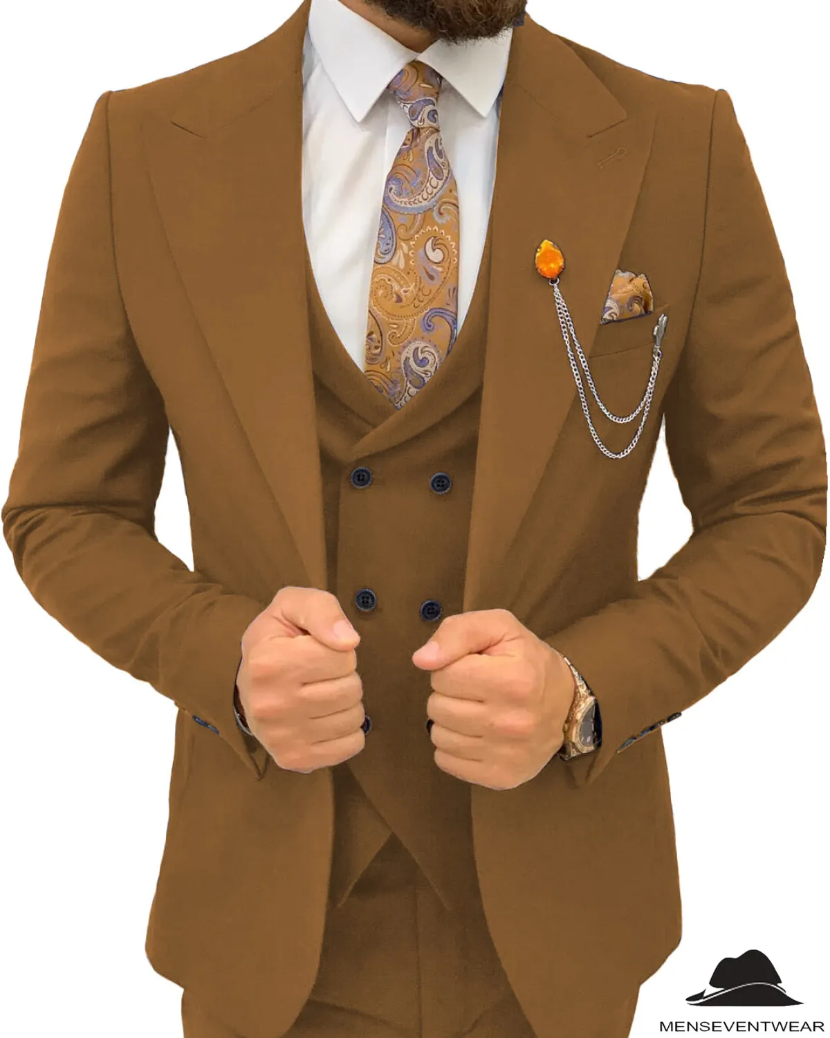 3 Pieces Mens Suit Slim Fit Flat Peak Lapel Double Breasted Tuxedos Groomsmen (Blazer vest Pants)
