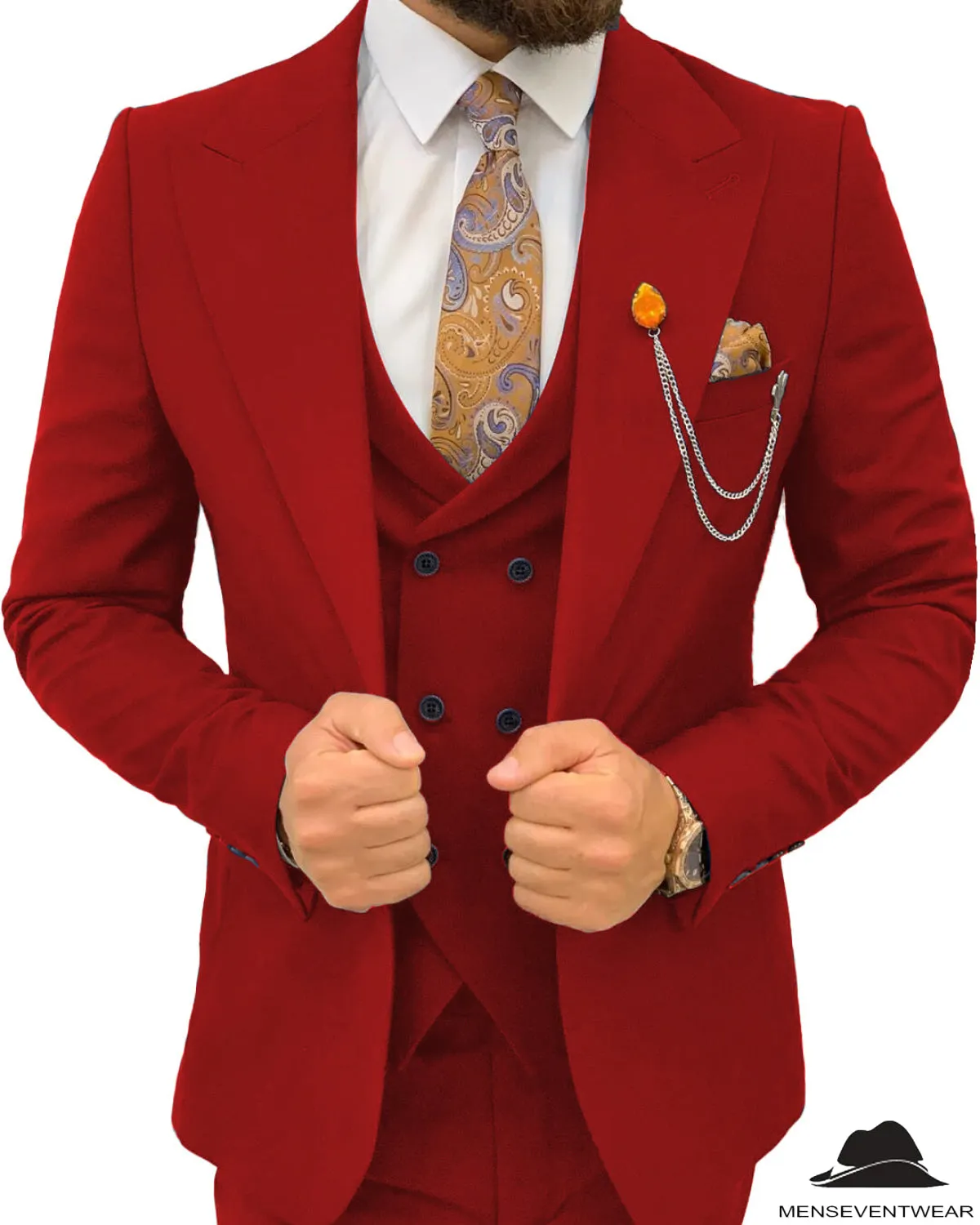 3 Pieces Mens Suit Slim Fit Flat Peak Lapel Double Breasted Tuxedos Groomsmen (Blazer vest Pants)