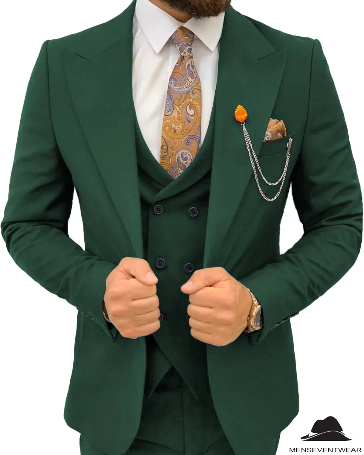 3 Pieces Mens Suit Slim Fit Flat Peak Lapel Double Breasted Tuxedos Groomsmen (Blazer vest Pants)