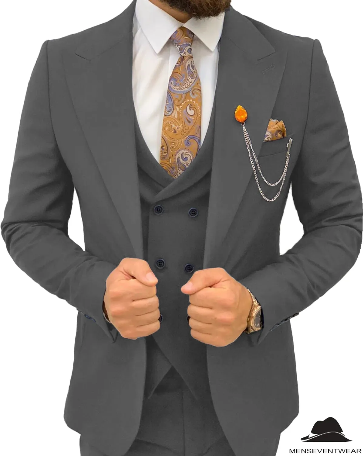 3 Pieces Mens Suit Slim Fit Flat Peak Lapel Double Breasted Tuxedos Groomsmen (Blazer vest Pants)