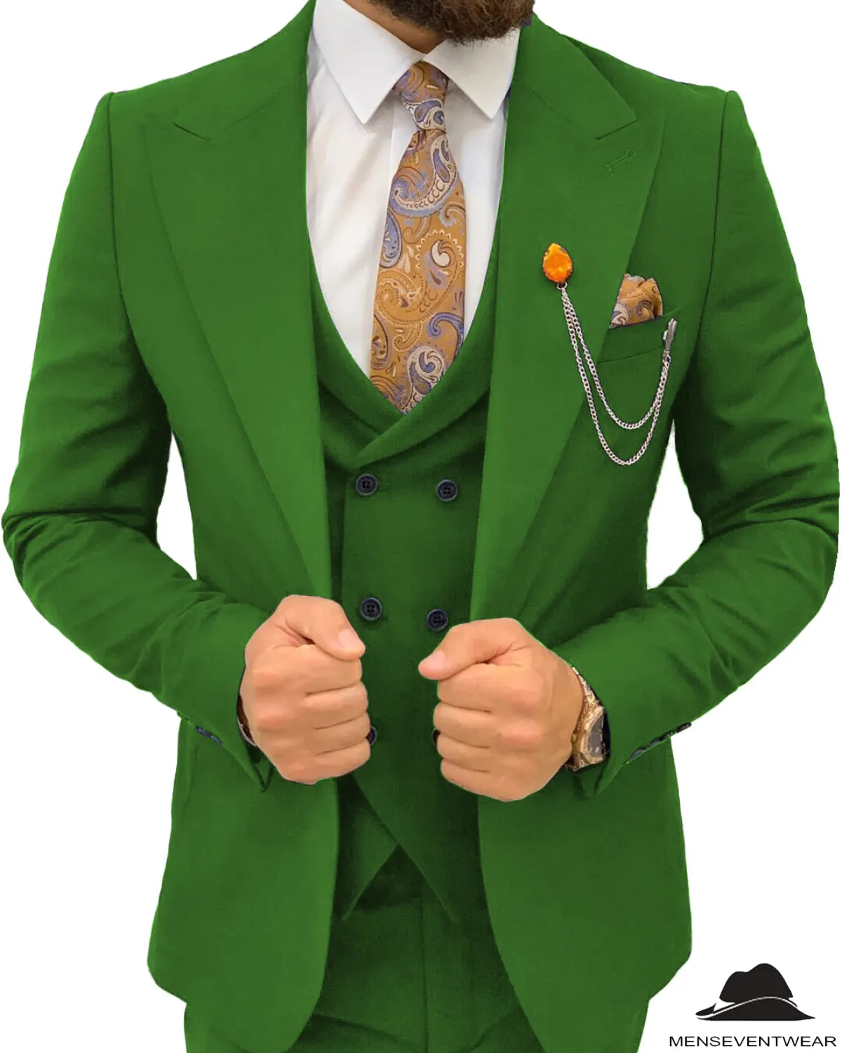 3 Pieces Mens Suit Slim Fit Flat Peak Lapel Double Breasted Tuxedos Groomsmen (Blazer vest Pants)