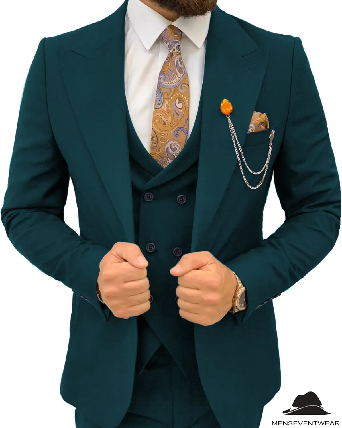 3 Pieces Mens Suit Slim Fit Flat Peak Lapel Double Breasted Tuxedos Groomsmen (Blazer vest Pants)