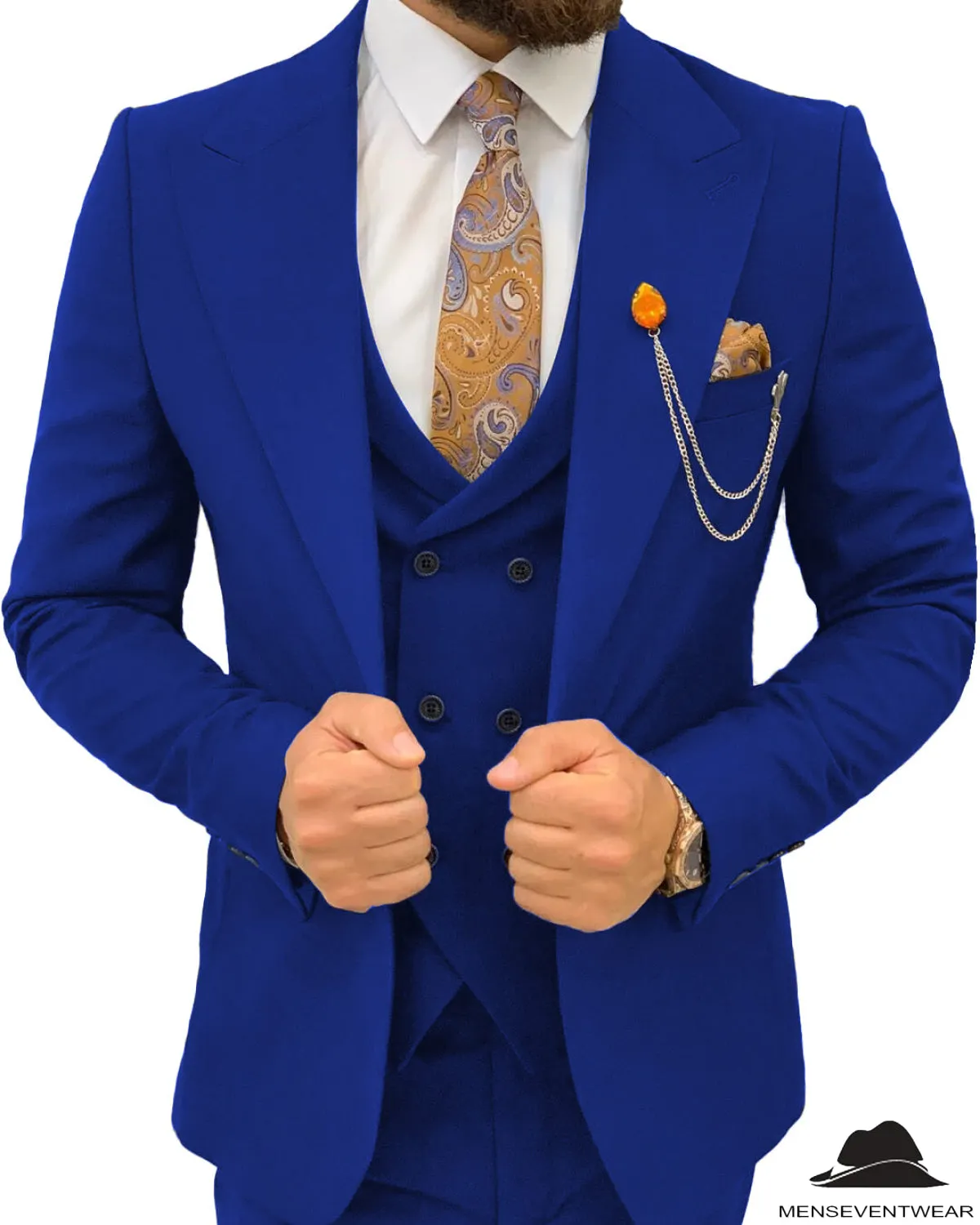 3 Pieces Mens Suit Slim Fit Flat Peak Lapel Double Breasted Tuxedos Groomsmen (Blazer vest Pants)