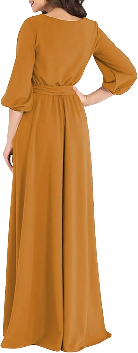 AOOKSMERY Women Elegance Audrey Hepburn Style Round Neck 3/4 Puff Sleeve Swing Maxi Dress Long Belt Dresses with Pockets