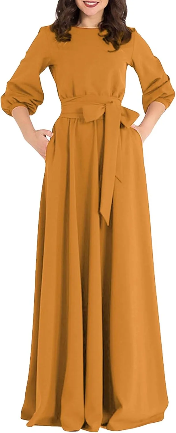AOOKSMERY Women Elegance Audrey Hepburn Style Round Neck 3/4 Puff Sleeve Swing Maxi Dress Long Belt Dresses with Pockets