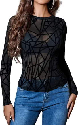 Avidlove Mesh Top for Women Long Sleeve Round Neck Tee Shirt See Through Sheer Blouse Back Hollow Drawstring Slim Fit Shirt