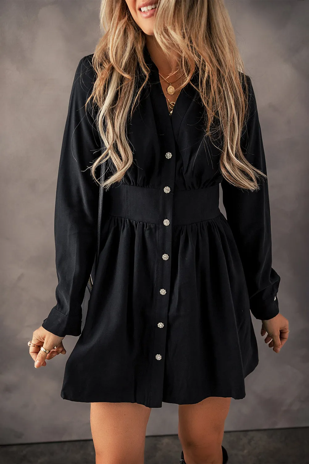 Black Mini Dress with Long Sleeves and Buttons