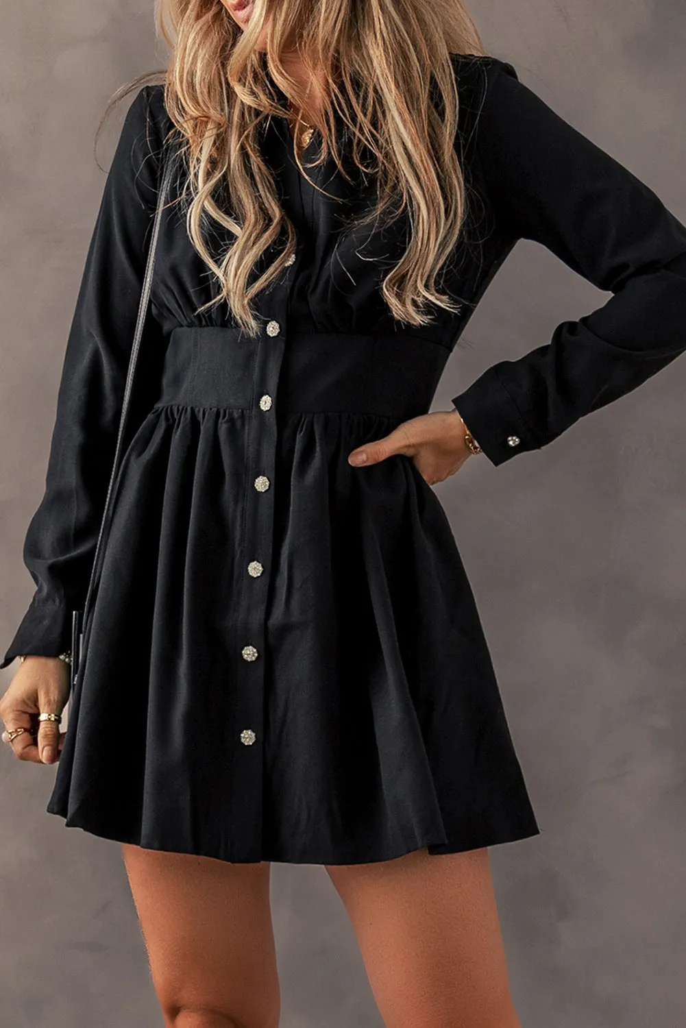 Black Mini Dress with Long Sleeves and Buttons