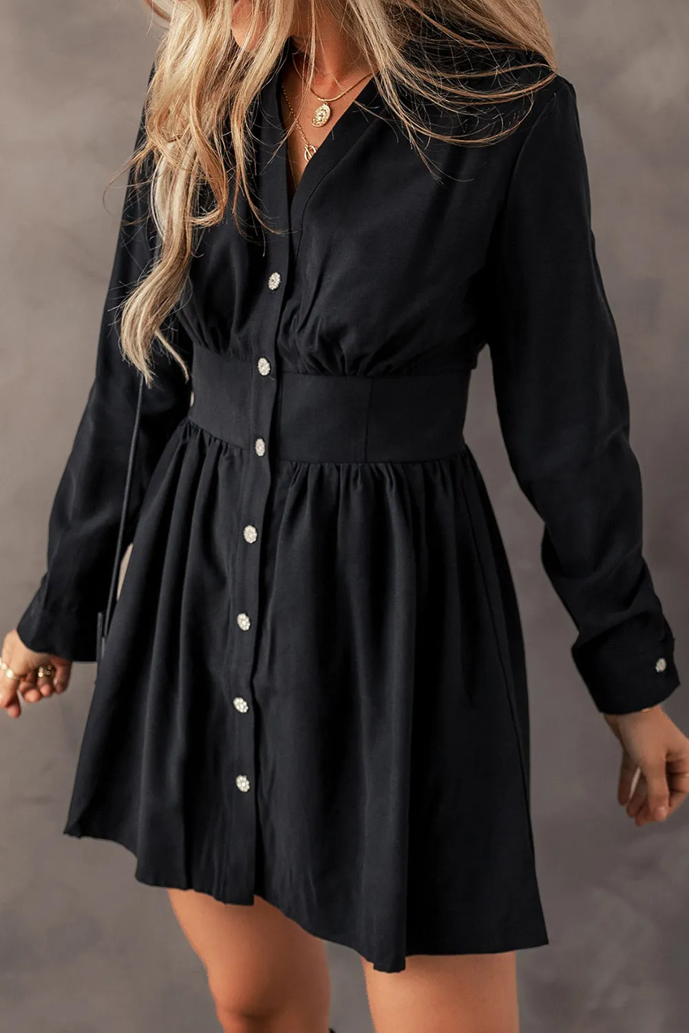 Black Mini Dress with Long Sleeves and Buttons