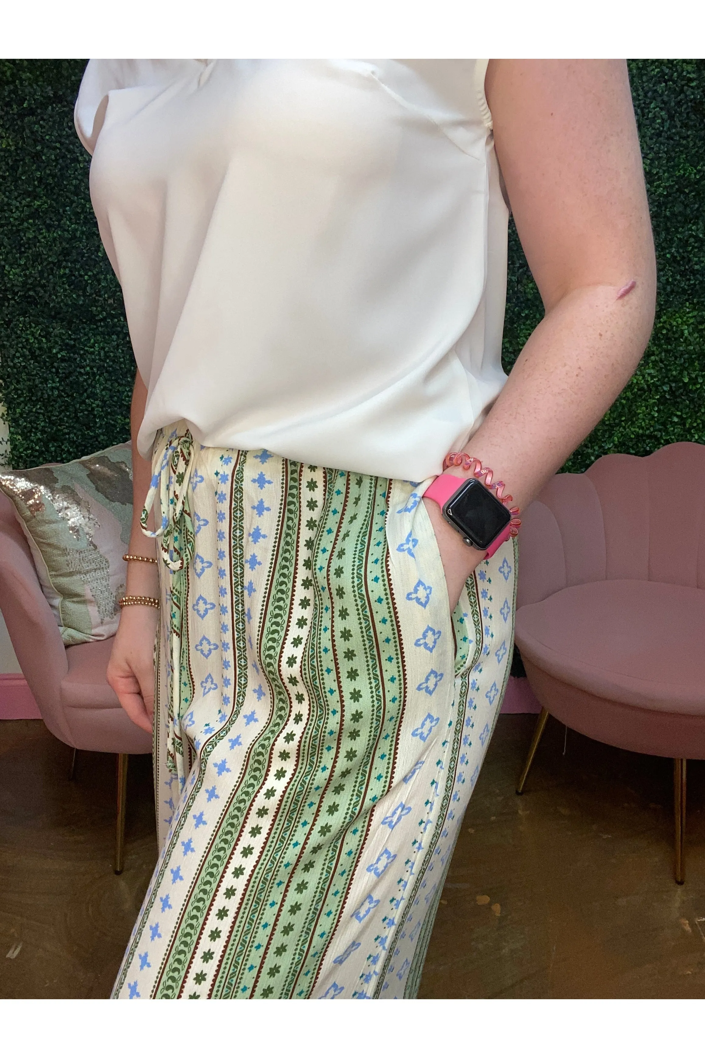 Border Print Side Slits Wide Pants