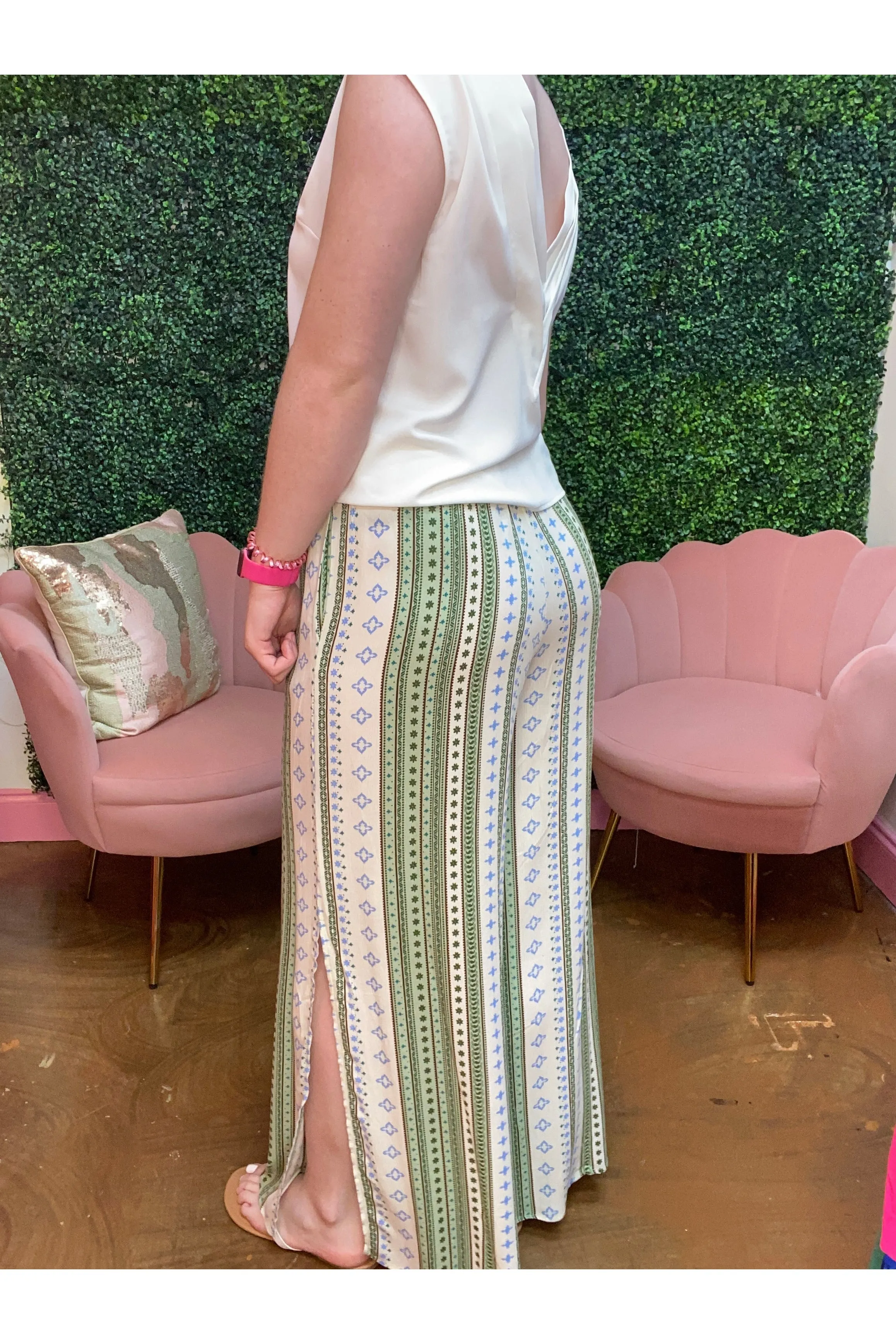 Border Print Side Slits Wide Pants