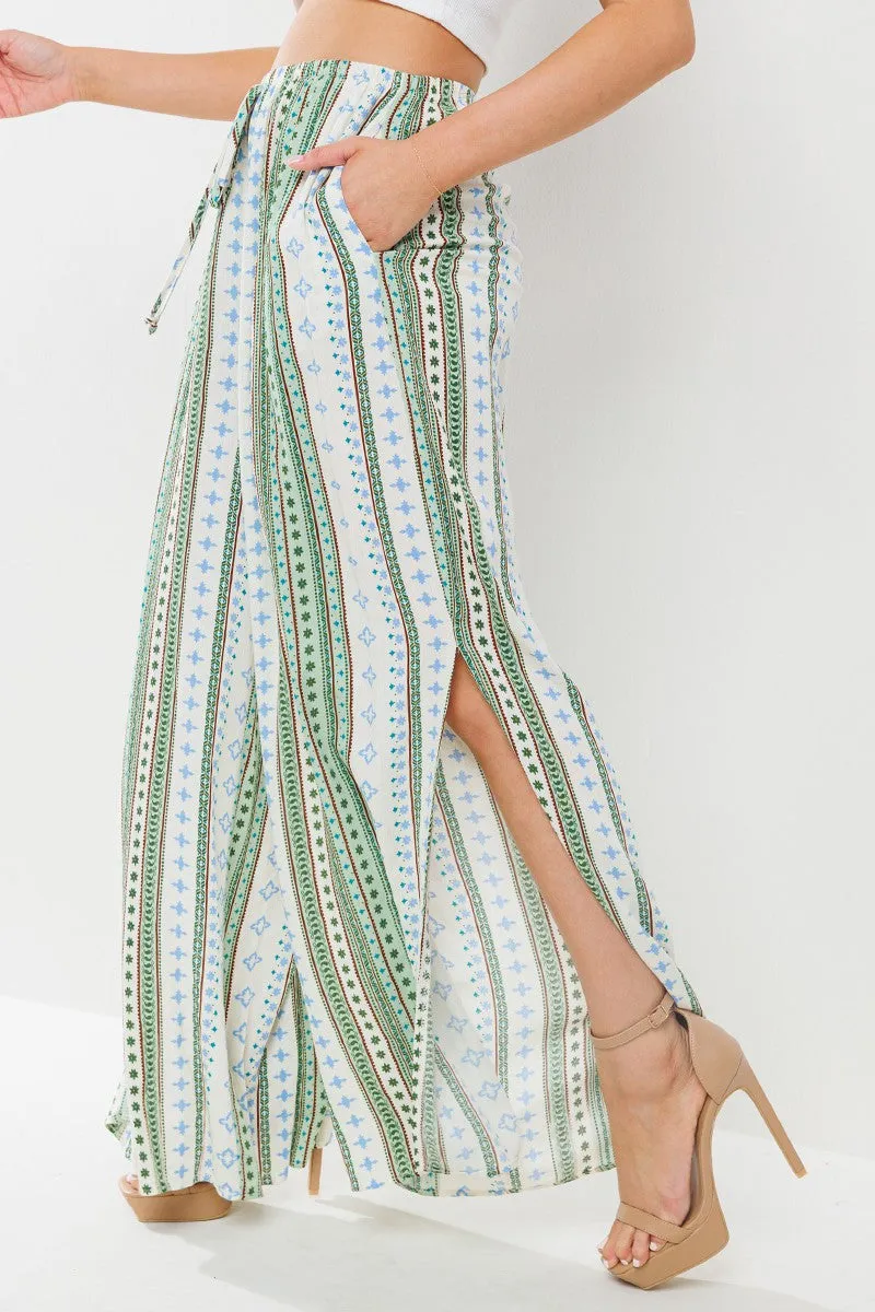 Border Print Side Slits Wide Pants