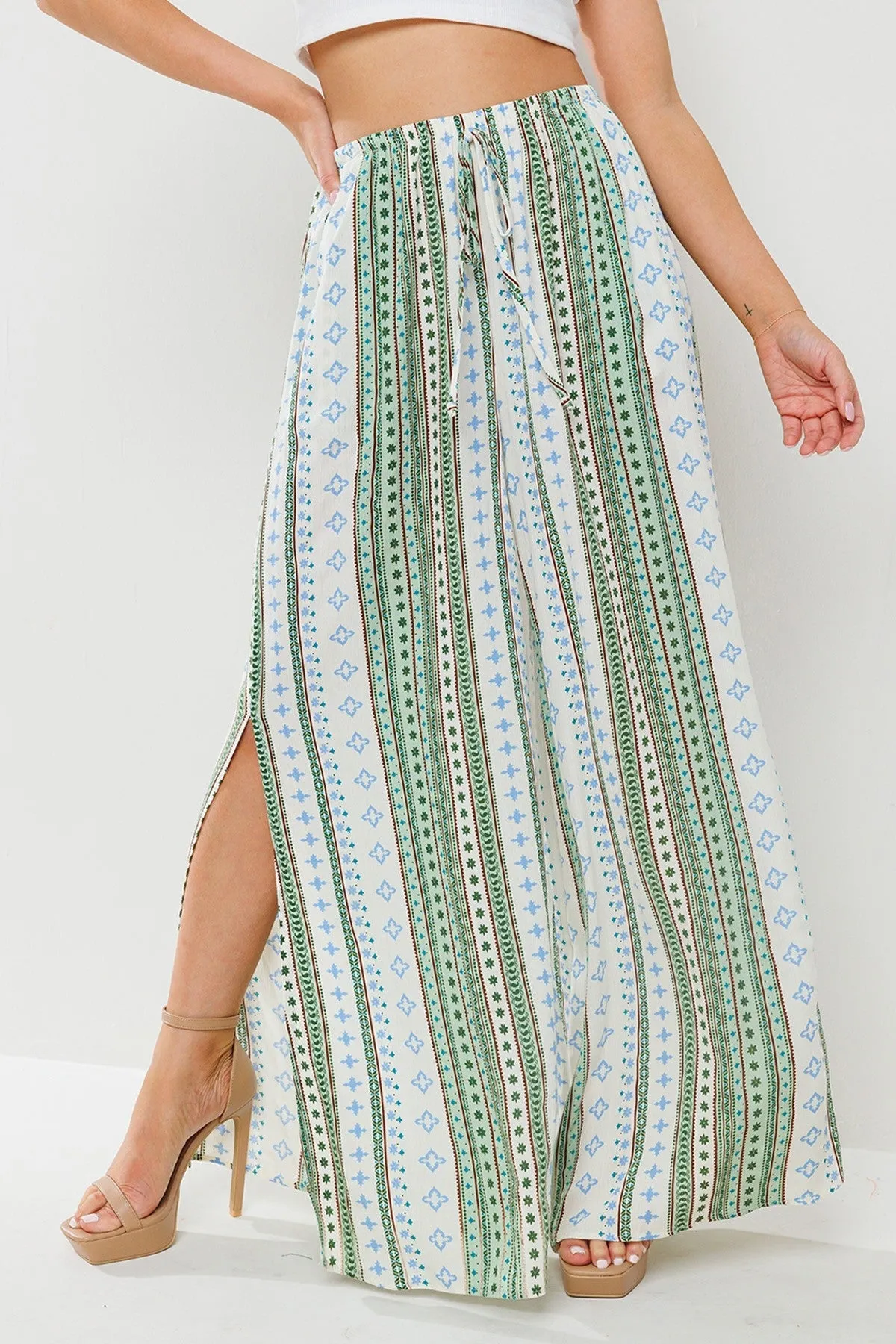 Border Print Side Slits Wide Pants