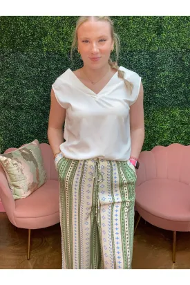 Border Print Side Slits Wide Pants