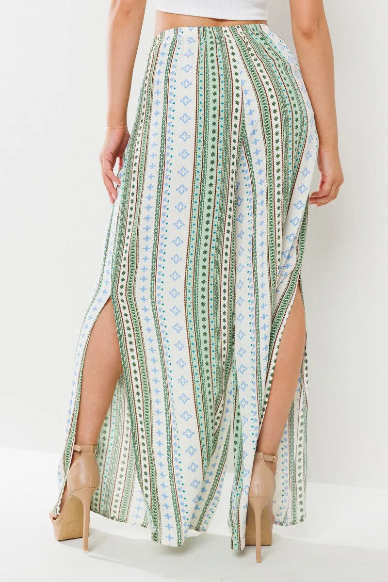 Border Print Side Slits Wide Pants