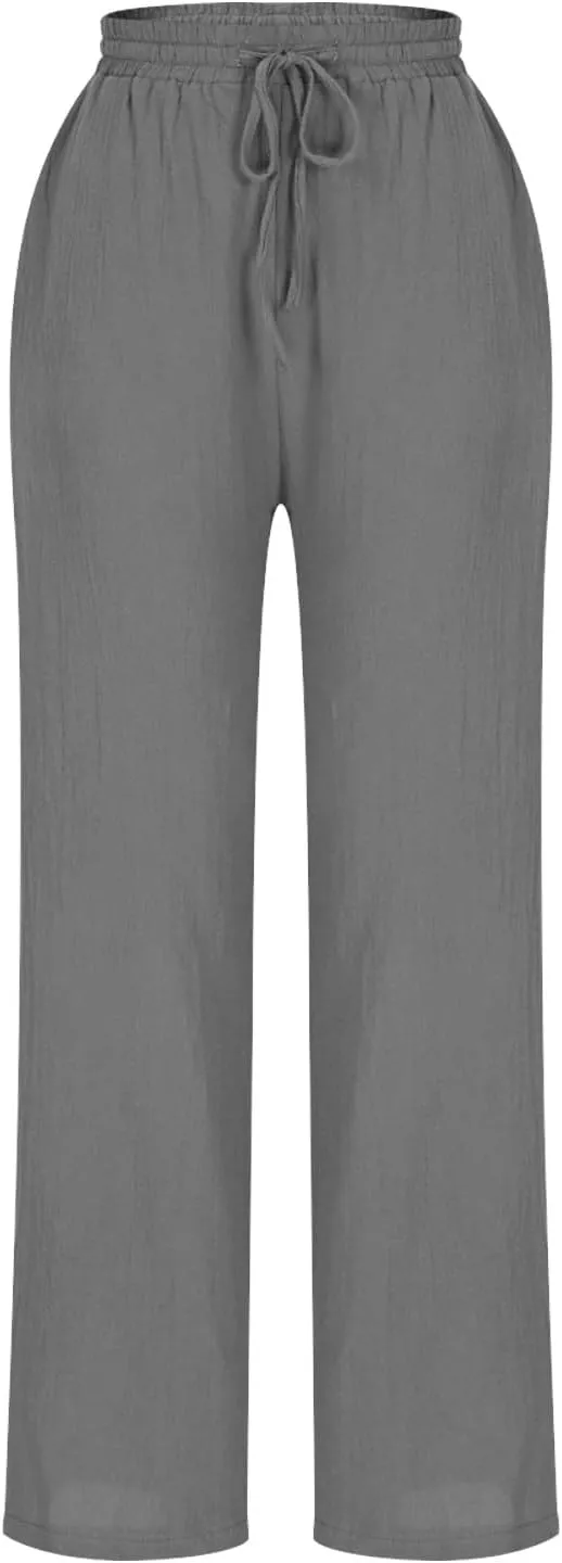 Borniu Women's Tapered Pants Cotton Linen Drawstring Back Elastic Waist Ankle Length Pant Loose Casual Straight Trousers