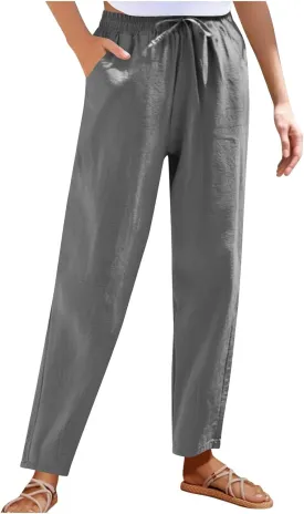 Borniu Women's Tapered Pants Cotton Linen Drawstring Back Elastic Waist Ankle Length Pant Loose Casual Straight Trousers