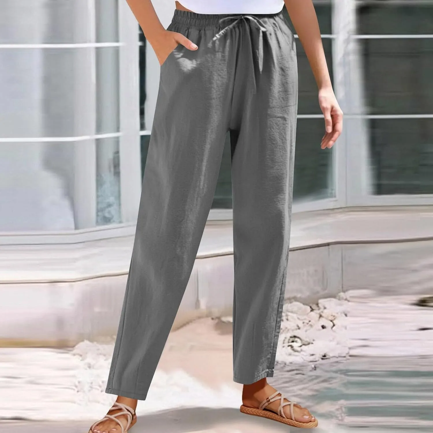 Borniu Women's Tapered Pants Cotton Linen Drawstring Back Elastic Waist Ankle Length Pant Loose Casual Straight Trousers