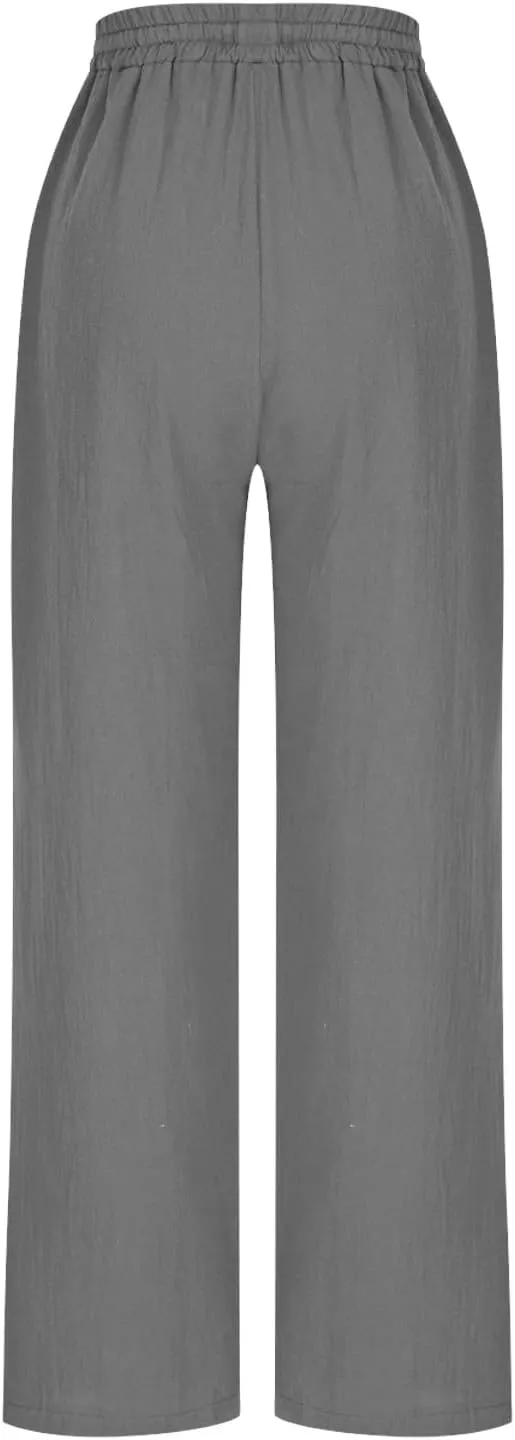 Borniu Women's Tapered Pants Cotton Linen Drawstring Back Elastic Waist Ankle Length Pant Loose Casual Straight Trousers