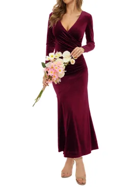 Burgundy Women's V Neck Wrap Long Sleeve Elegant Mermaid Velvet Cocktail Maxi Dress Evening Party - ZABERRY
