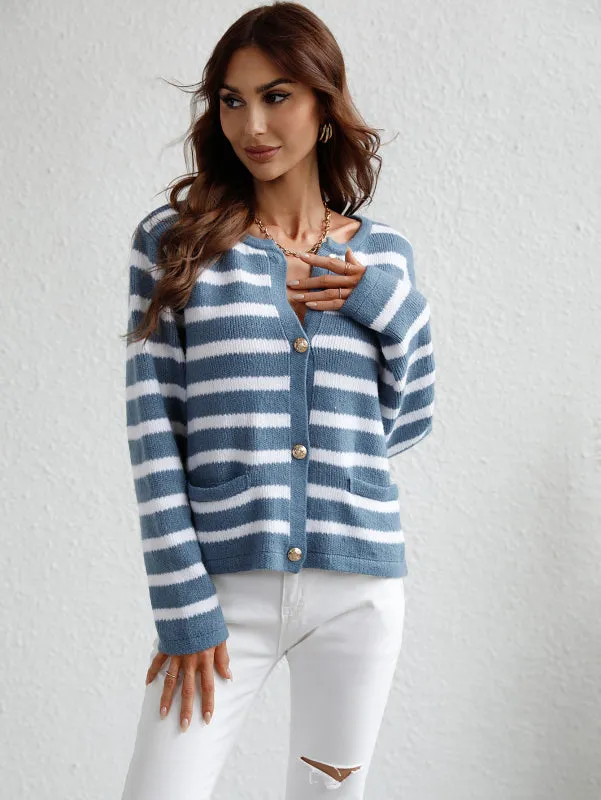 Cassie Women's Striped Loose Knit Single Breasted Cardigan Sweater
