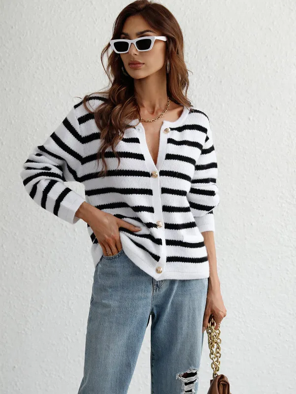 Cassie Women's Striped Loose Knit Single Breasted Cardigan Sweater