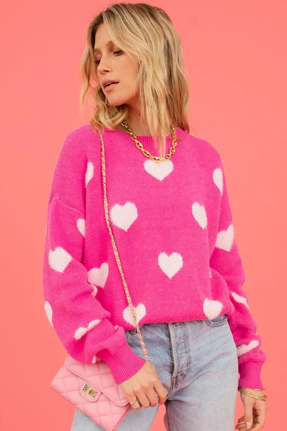 Casual Knit Sweater with Hearts