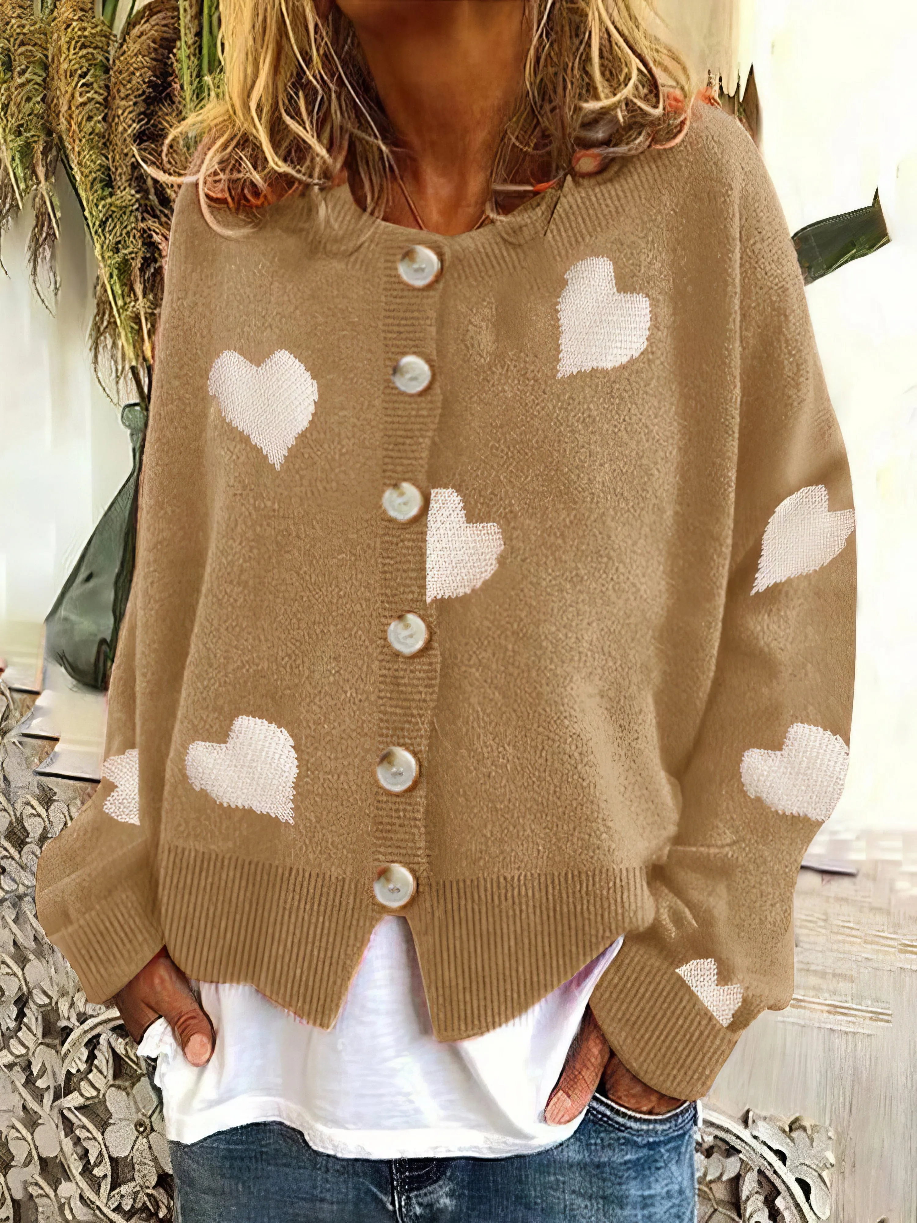 Casual Knit Sweater with Hearts