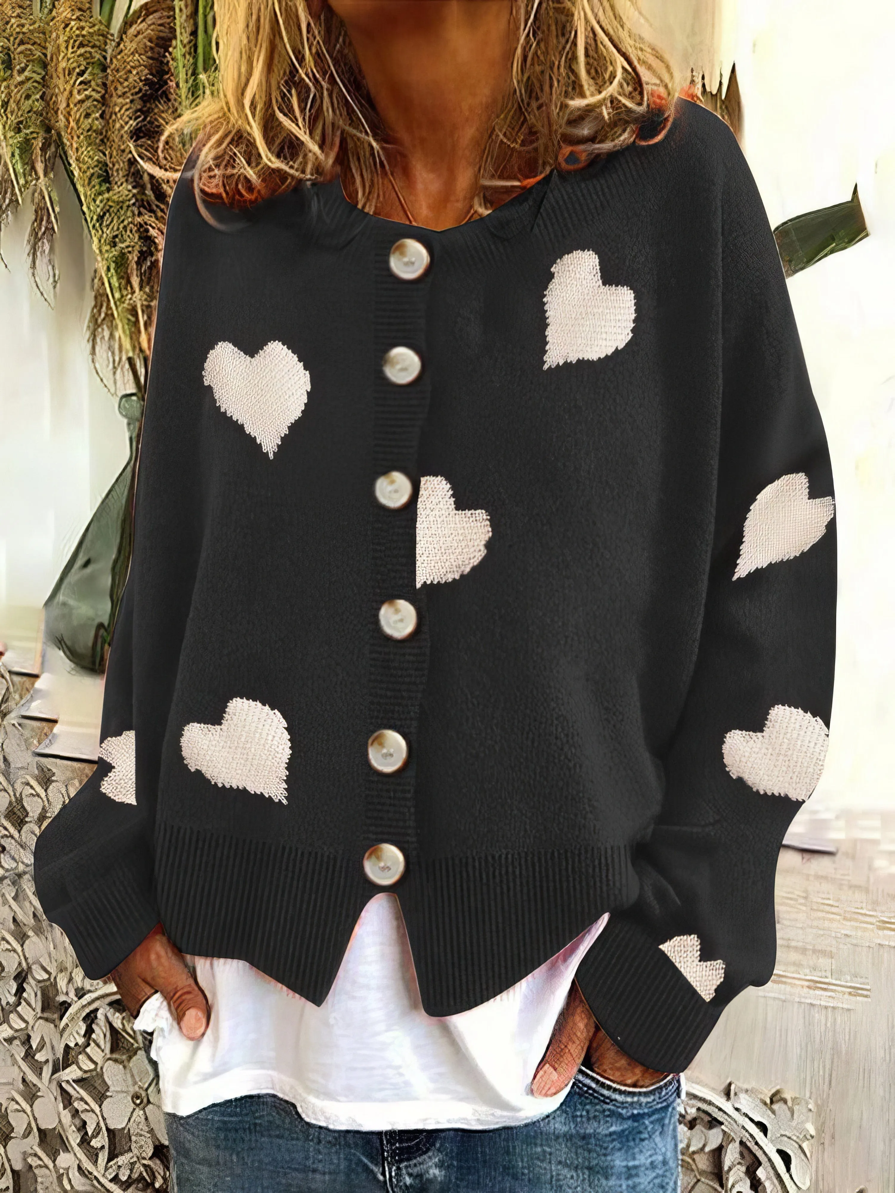 Casual Knit Sweater with Hearts