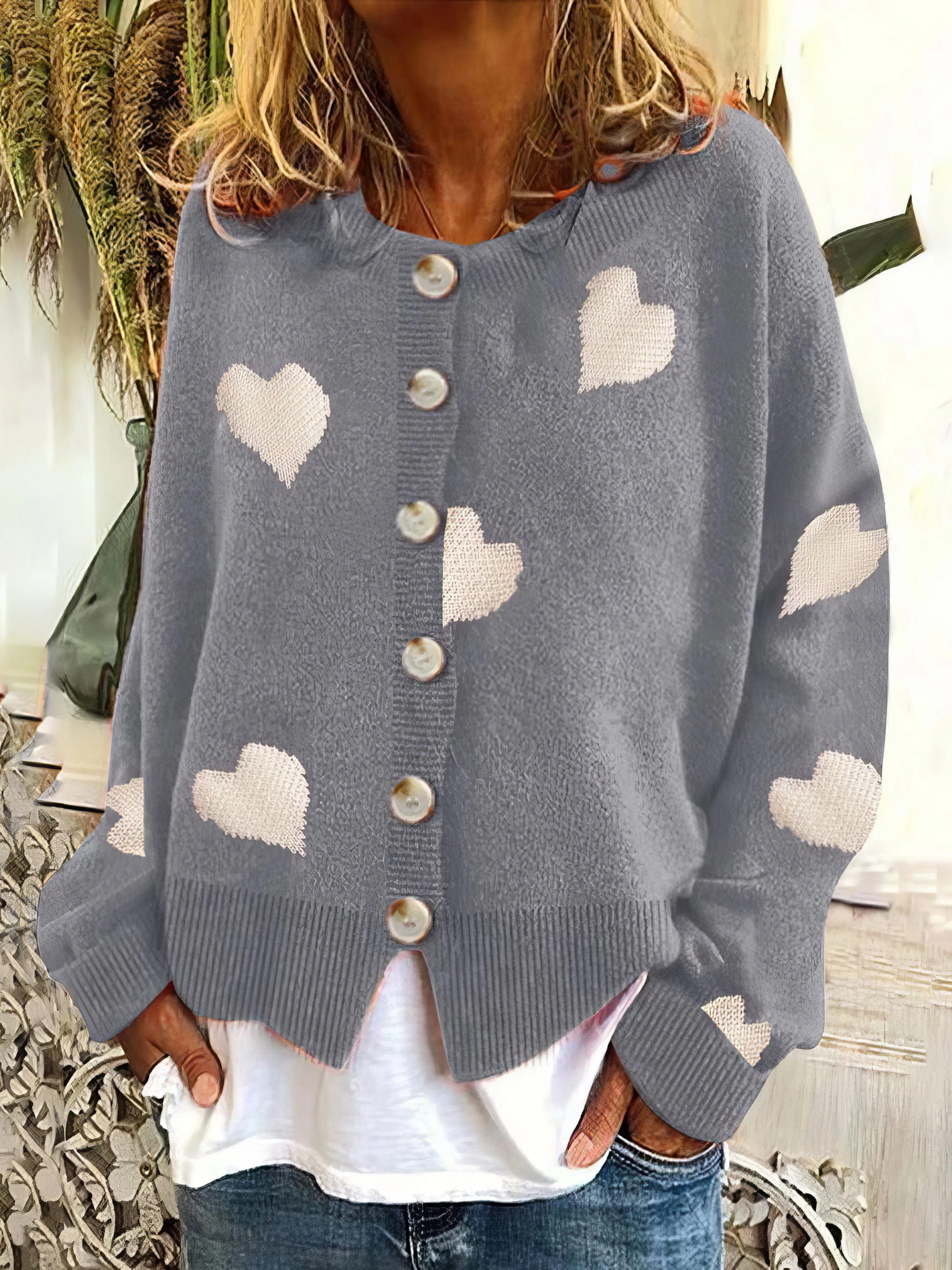 Casual Knit Sweater with Hearts