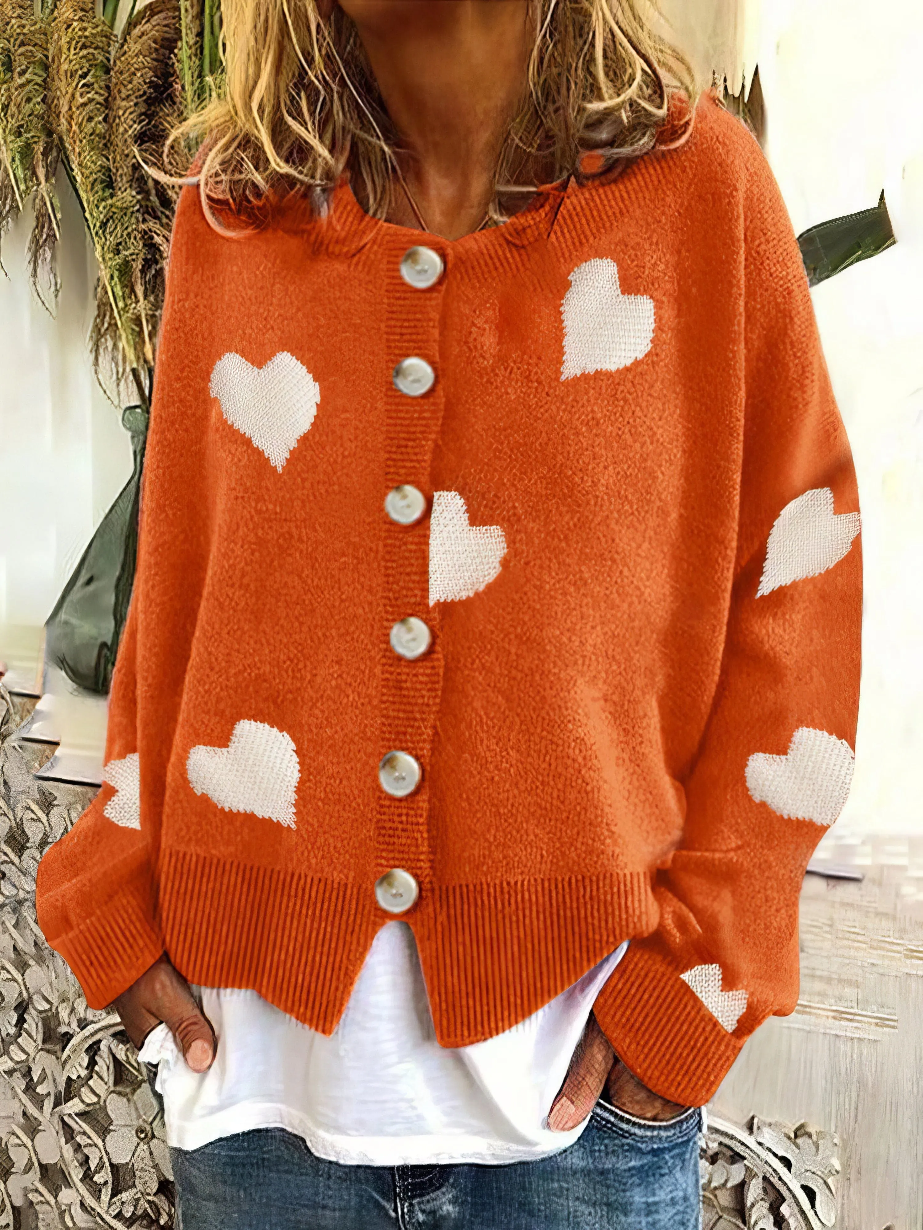 Casual Knit Sweater with Hearts