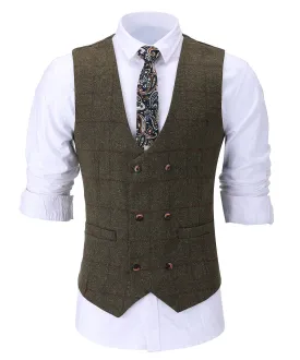 Casual Men's Suit Vest Regular Fit Plaid Tweed Waistcoat