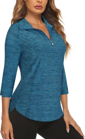 Cucuchy Style Womens Golf Shirt 3/4 Sleeve Quarter Zip Workout Tennis Tops Quick Dry UPF 50  Shirts