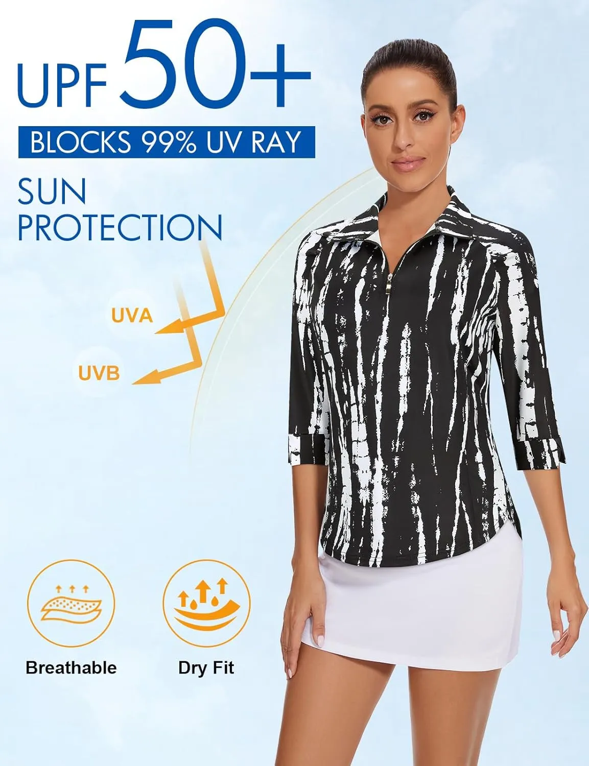 Cucuchy Style Womens Golf Shirt 3/4 Sleeve Quarter Zip Workout Tennis Tops Quick Dry UPF 50  Shirts