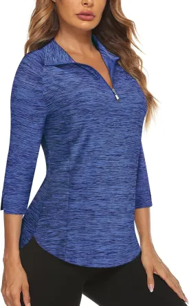 Cucuchy Style Womens Golf Shirt 3/4 Sleeve Quarter Zip Workout Tennis Tops Quick Dry UPF 50  Shirts