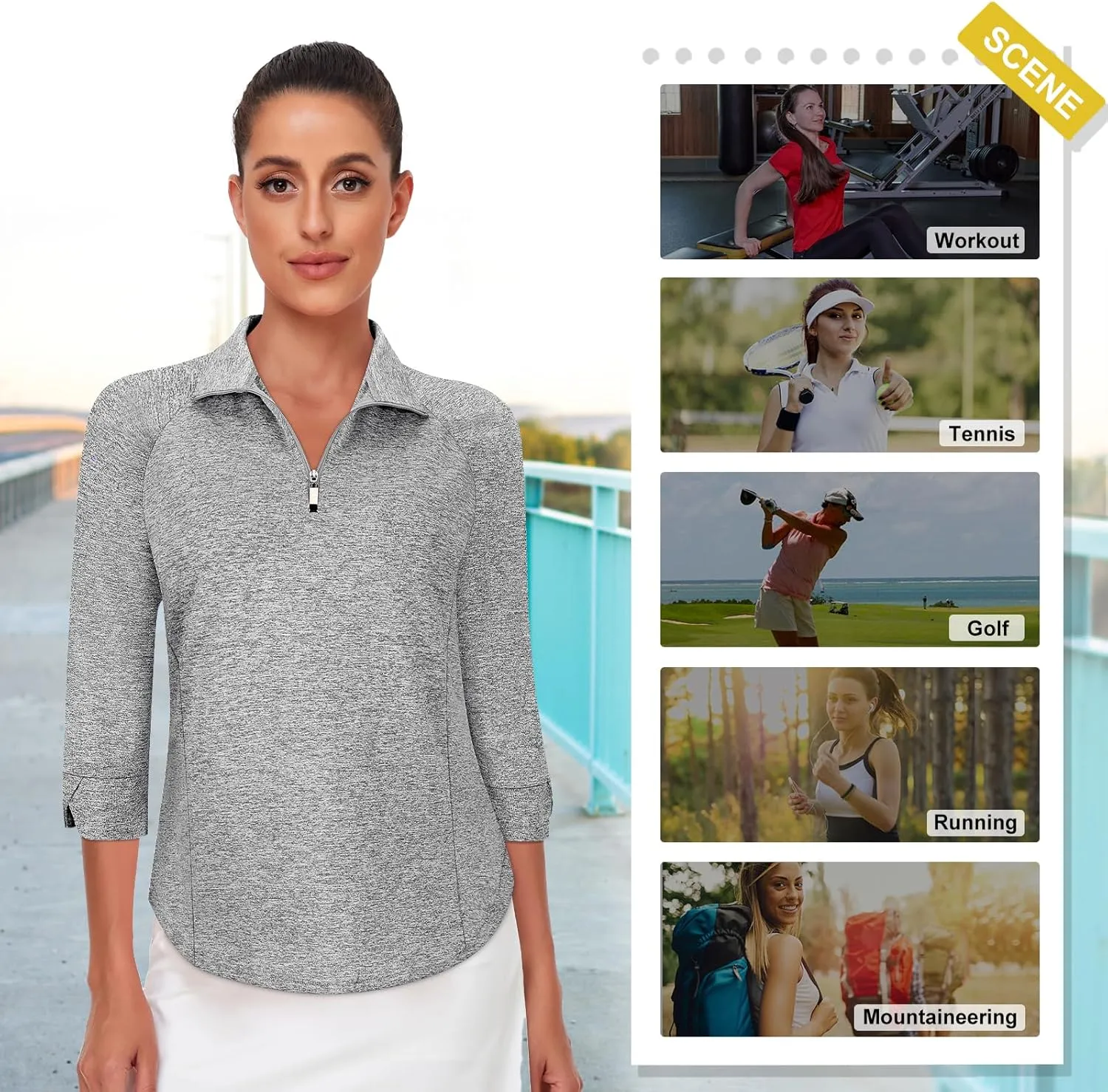 Cucuchy Style Womens Golf Shirt 3/4 Sleeve Quarter Zip Workout Tennis Tops Quick Dry UPF 50  Shirts
