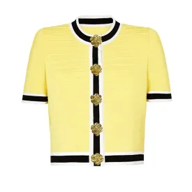 Darren Colorblock Knitted Short Sleeve Cardigan Top with Gold Buttons