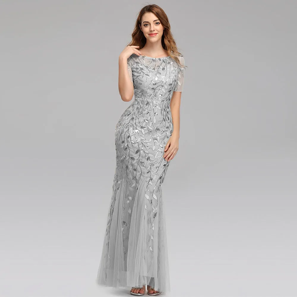 Gauze Sequin Fishtail Evening Dress