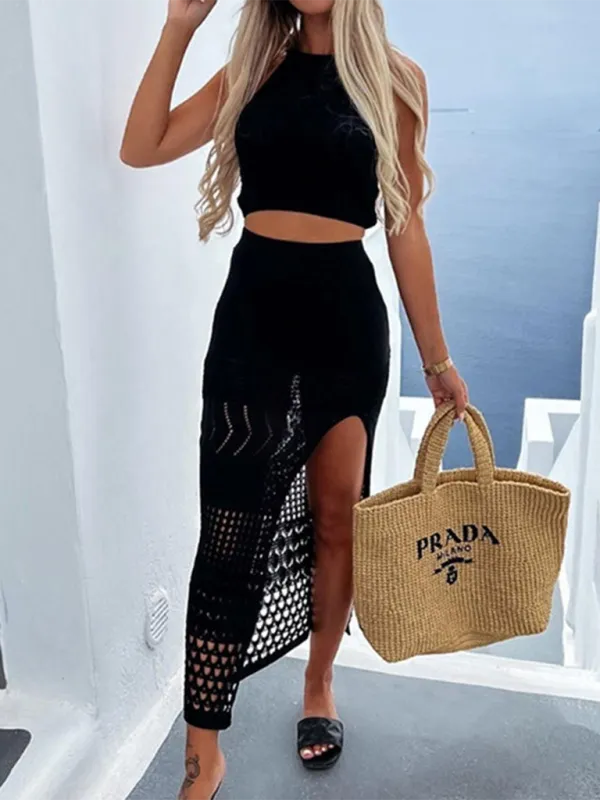Hollow bikini cover-up cropped top   split hip-covering skirt two-piece set