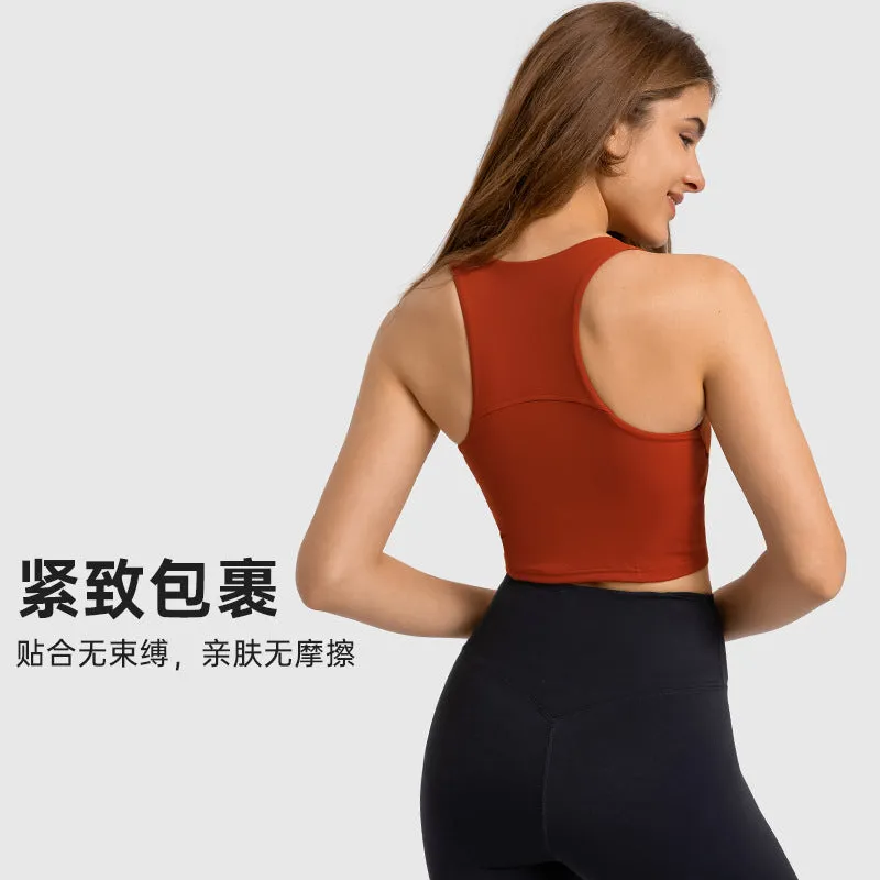 Hzori Spring and Summer New Pull High round Tie Chest Pad Yoga Vest Nude Feel Compact High Elastic Sports Fitness Top