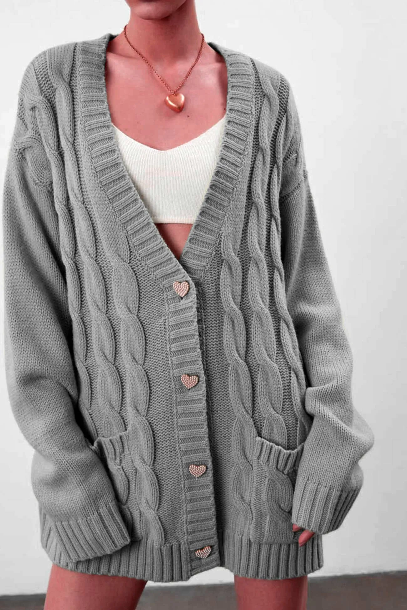 Joskaa Solid Single-breasted Cable Knit Cardigan