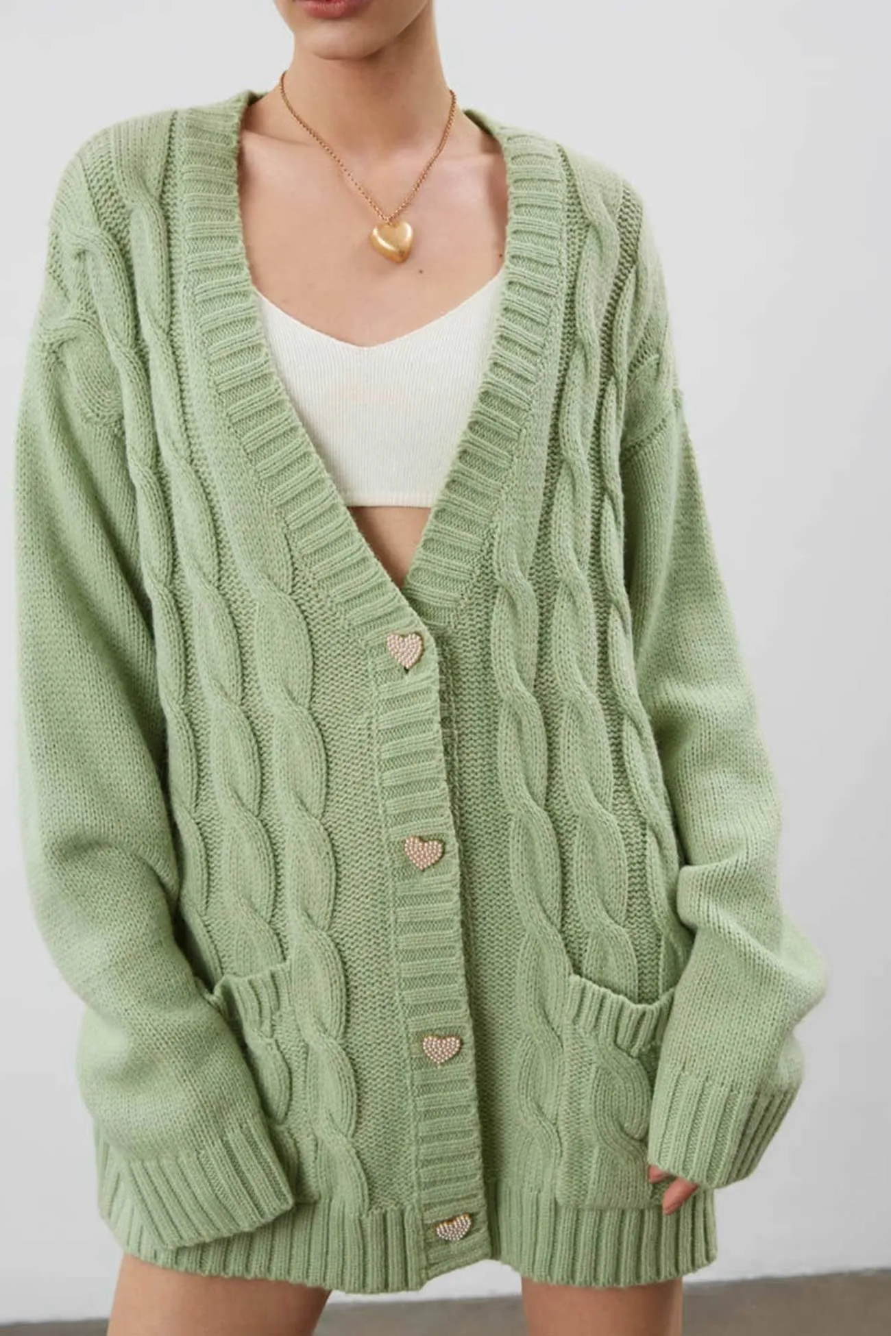 Joskaa Solid Single-breasted Cable Knit Cardigan