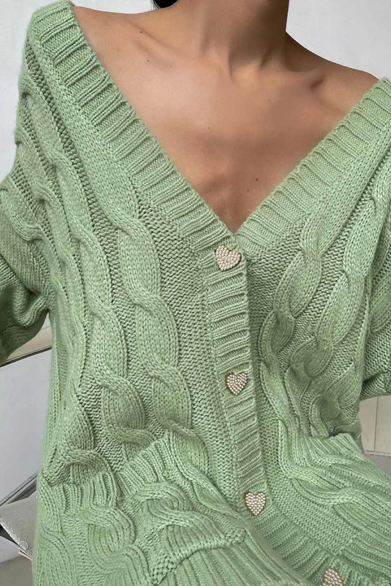 Joskaa Solid Single-breasted Cable Knit Cardigan