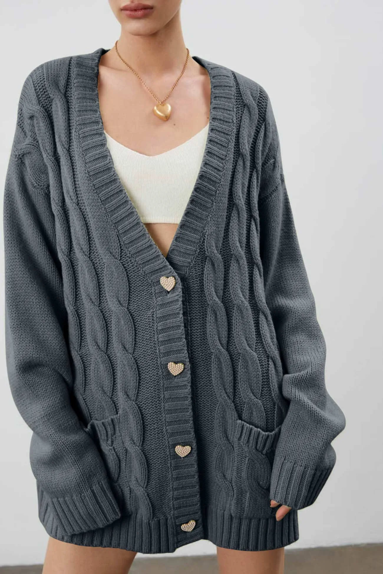 Joskaa Solid Single-breasted Cable Knit Cardigan
