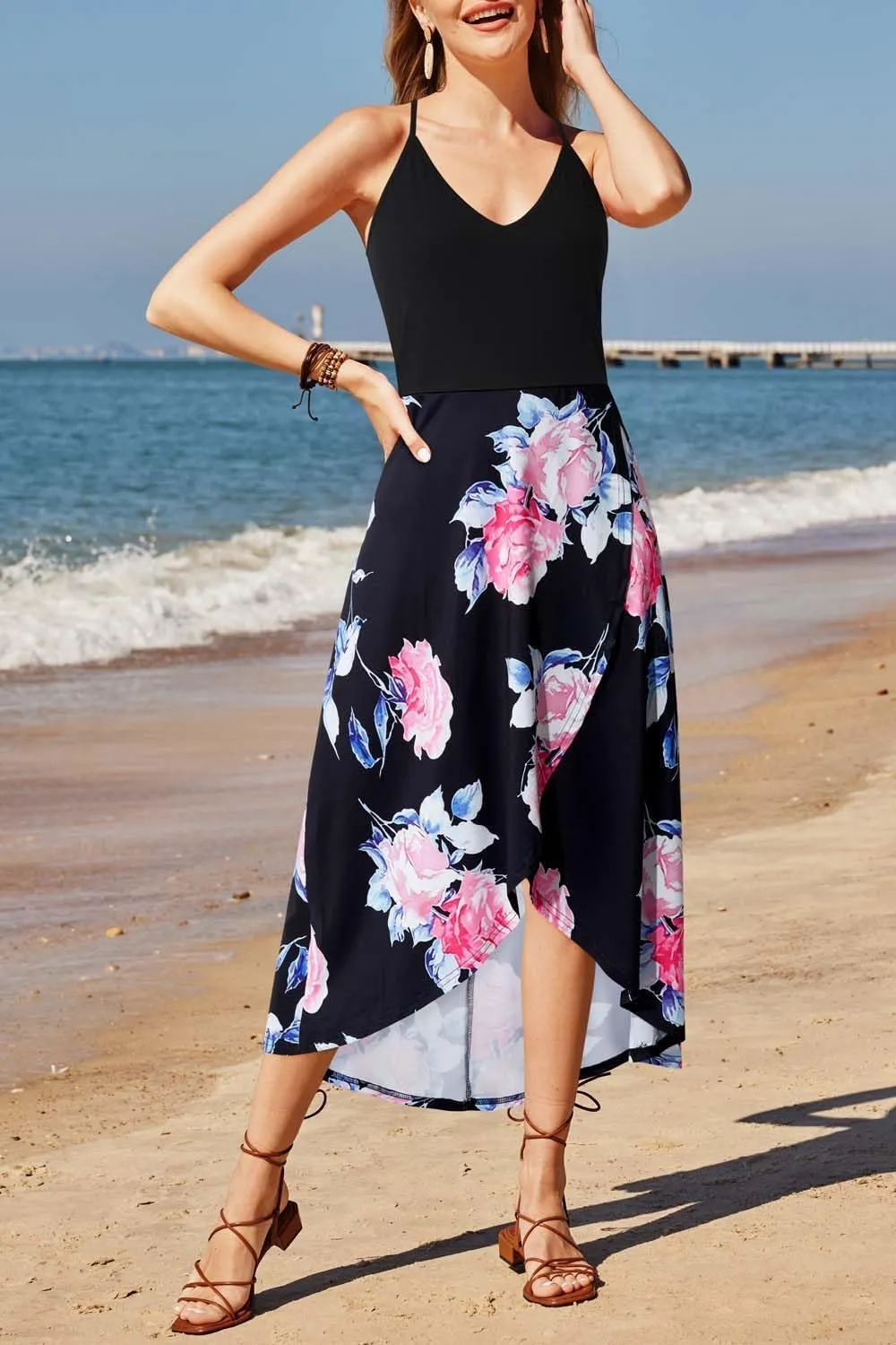 KILIG Women's V Neck Sleeveless Casual Summer Sundresses Asymmetrical Patchwork Floral Maxi Dresses